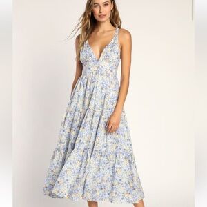 Brightly Blossoming Light Blue Floral Tiered Midi Dress